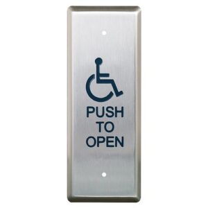 Camden CM-25/4-WT Narrow Push Plate Switch, Vertical Mounting, 'WHEELCHAIR' Symbol and 'Push to Open', Blue, Boot and Water Tight Coating