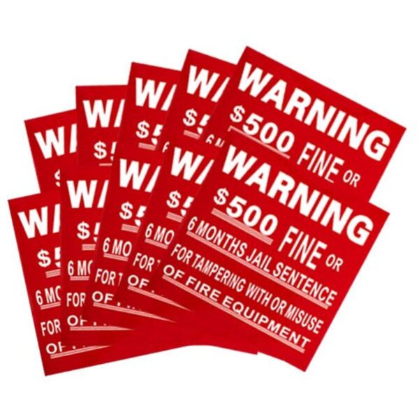 (10 Pack) WARNING $500 FINE Or JAIL – Fire Equipment, Self-Adhesive 4″x4″ Signs