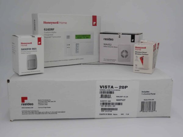 Honeywell Vista 20P Wireless Kit with a 6160RF Keypad, One 5800PIR-Res Motion Sensor, Three 5800MINI Door/Window Contacts, and a WAVE2