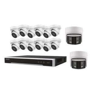 Hikvision EKI-K164T414 15-Piece Kit, (12) 4MP Turret IP Camera 2.8mm Lens, (2) 4MP 180° AcuSense Panoramic Camera, (1) 16-Channel 4K NVR, 4TB HDD