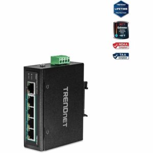 TRENDnet TI-PG50 5-Port Industrial Gigabit PoE+ DIN-Rail Switch, 10Gbps